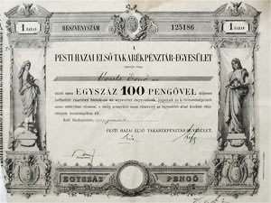 Pesti Hazai Els Takarkpnztr-Egyeslet rszvny 100 peng 1927