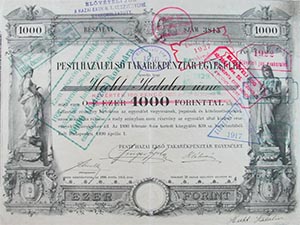 Pesti Hazai Els Takarkpnztr-Egyeslet rszvny 1000 forint 1890