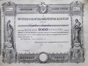 Pesti Hazai Els Takarkpnztr-Egyeslet rszvny 1000 peng 1927
