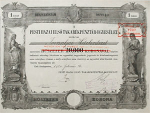 Pesti Hazai Els Takarkpnztr-Egyeslet rszvny 20000 korona 1924