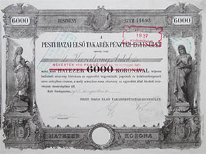Pesti Hazai Els Takarkpnztr-Egyeslet rszvny 6000 korona 1923