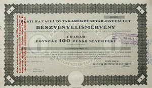 Pesti Hazai Els Takarkpnztr-Egyeslet rszvnyelismervny 100 peng 1946