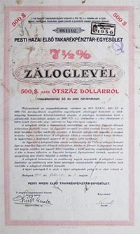Pesti Hazai Els Takarkpnztr-Egyeslet zloglevl 500 dollr 1930