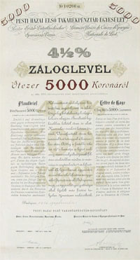 Pesti Hazai Els Takarkpnztr-Egyeslet zloglevl 5000 korona 1916