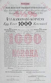 Pesti Hazai Els Takarkpnztr-Egyeslet 4,5% kamatoz ktvny 1000 korona 1917