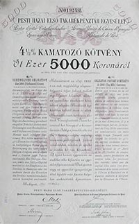Pesti Hazai Els Takarkpnztr-Egyeslet 4,5% kamatoz ktvny 5000 korona 1899
