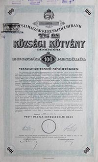 Pesti Magyar Kereskedelmi Bank kzsgi ktvny 100 peng 1930