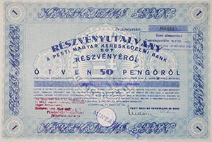 Pesti Magyar Kereskedelmi Bank rszvnyutalvny 50 peng 1946