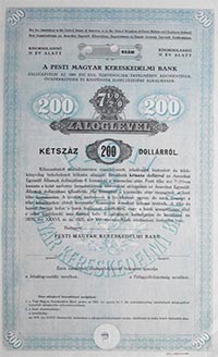 Pesti Magyar Kereskedelmi Bank zloglevl 200 dollr 
