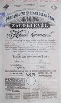 Pesti Magyar Kereskedelmi Bank zloglevl 2000 korona 1909