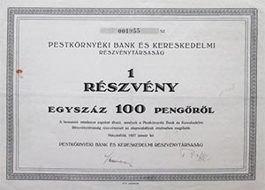 Pestkrnyki Bank s Kereskedelmi Rszvnytrsasg rszvny 100 peng 1927 Mtysfld