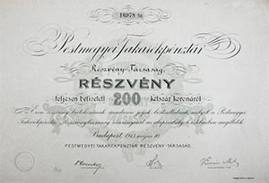 Pestmegyei Takarkpnztr Rszvnytrsasg rszvny 200 korona 1913