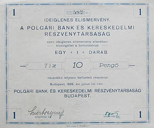 Polgri Bank s Kereskedelmi Rszvnytrsasg ideiglenes elismervny 10 peng 1926