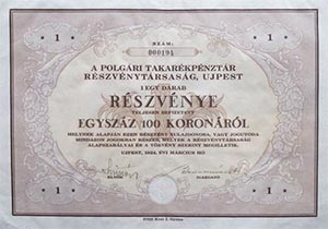 Polgri Takarkpnztr Rszvnytrsasg jpest rszvny 100 korona 1924