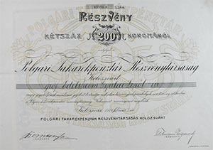 Polgri Takarkpnztr Rszvnytrsasg Kolozsvr rszvny 200 korona 1911