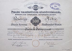 Polgri Takarkpnztr Rszvnytrsasg Versecz rszvny 500 korona 1917