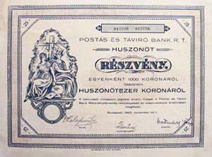 Posts s Tvr Bank Rszvnytrsasg rszvny 25x1000 25000 korona 1923