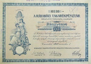 Rbakzi Takarkpnztr Rszvnytrsasg rszvny 150 korona 1910 Csorna
