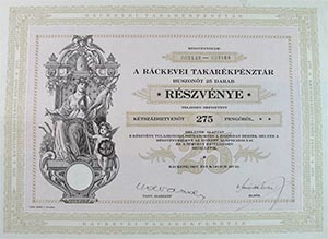 Rckevei Takarkpnztr Rszvnytrsasg rszvny 25x11 275 peng 1927