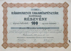 Rkosmenti Takarkpnztr Rszvnytrsasg rszvny 100 korona 1910 Rkoscsaba