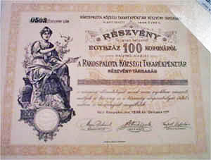 Rkospalota Kzsgi Takarkpnztr Rszvnytrsasg rszvny 100 korona 1896
