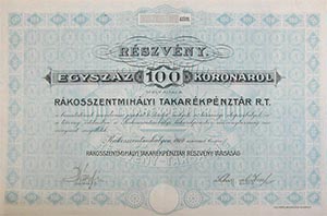 Rkosszentmihlyi Takarkpnztr Rszvnytrsasg rszvny 100 korona 1910