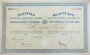 Rimaszombati Bank Rszvnytrsasg rszvny 200 cseh korona 1924