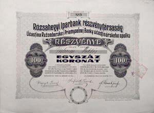 Rzsahegyi Iparbank Rszvnytrsasg rszvny 100 korona 1910