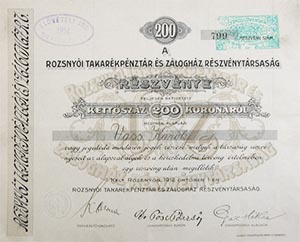 Rozsnyi Takarkpnztr Rszvnytrsasg rszvny 200 korona 1912 Rozsny