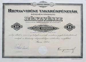 Rum s Vidke Takarkpnztr Rszvnytrsasg rszvny 25000 korona 1925