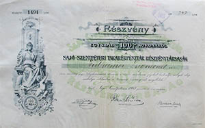 Sajszentpteri Takarkpnztr Rszvnytrsasg rszvny 100 korona 1903