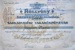 Sarkadvidki Takarkpnztr Rszvnytrsasg rszvny 500 korona 1920