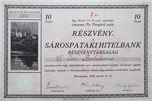 Srospataki Hitelbank Rszvnytrsasg rszvny 10 peng 1926