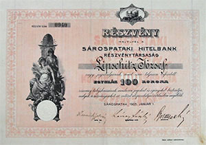 Srospataki Hitelbank Rszvnytrsasg rszvny 100 korona 1905