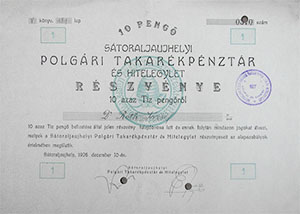 Storaljajhelyi Polgri Takarkpnztr s Hitelegylet rszvny 10 peng 1926