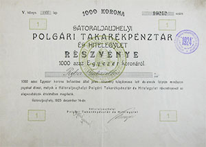 Storaljajhelyi Polgri Takarkpnztr s Hitelegylet rszvny 1000 korona 1923