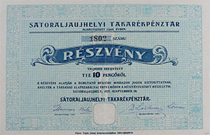 Storaljajhelyi Takarkpnztr Rszvnytrsasg rszvny 10 peng 1927