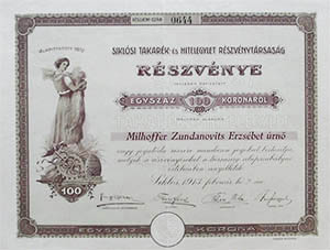 Siklsi Takark s Hitelegylet Rszvnytrsasg rszvny 100 korona 1913 Sikls