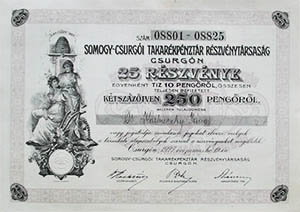 Somogy-Csurgi Takarkpnztr Rszvnytrsasg Csurgn rszvny 25x10 250 peng 1927