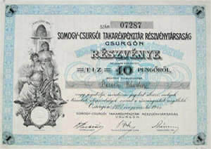Somogy-Csurgi Takarkpnztr Rszvnytrsasg Csurgn rszvny 10 peng 1927