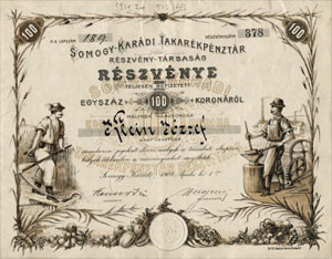 Somogy-Kardi Takarkpnztr Rszvnytrsasg rszvny 100 korona 1909