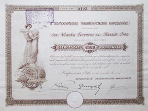 Somogymegyei Takarkpnztr Kaposvrott  rszvny 1500 korona 1911 Kaposvr