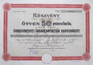 Somogymegyei Takarkpnztr Kaposvrott rszvny 50 peng 1930 Kaposvr