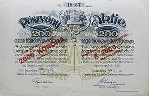 Soproni ltalnos Takarkpnztr Rszvnytrsasg rszvny 200 korona 1924