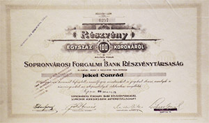 Sopronvrosi Forgalmi Bank Rszvnytrsasg rszvny 100 korona 1918 Sopron