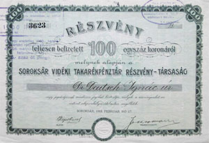 Soroksr vidki Takarkpnztr Rszvnytrsasg rszvny 100 korona 1918 Soroksr