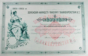 Soroksr-Haraszti-Taksonyi Takarkpnztr Rszvnytrsasg rszvny 5x50 250 peng 1930