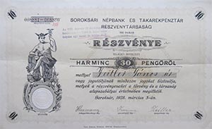 Soroksri Npbank s Takarkpnztr Rszvnytrsasg rszvny 10x3 peng 1928