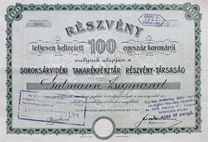 Soroksrvidki Takarkpnztr Rszvnytrsasg rszvny 100 korona 1923 Soroksr