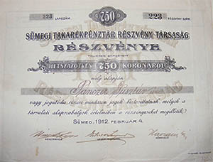 Smegi Takarkpnztr Rszvnytrsasg rszvny 750 korona 1912 Smeg
